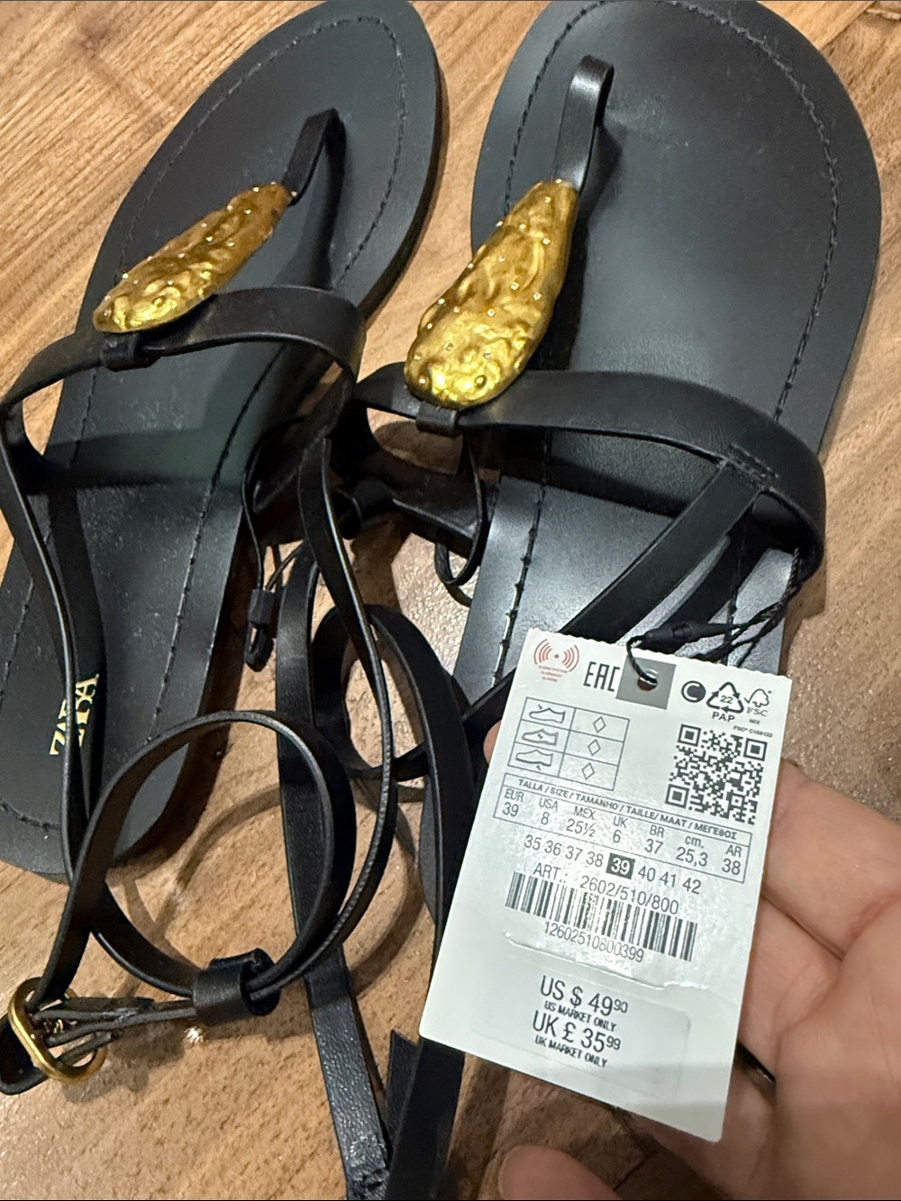 ZARA Black Leather T-Strap Sandals with Gold Accent - Picture 2 of 4